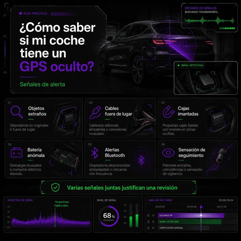 Infografía con guía práctica para detectar GPS oculto en un coche