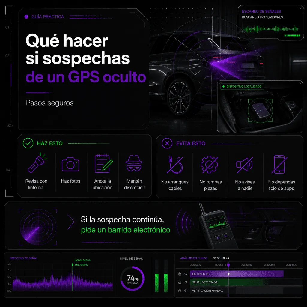 Infografía con interfaz de diagnóstico para detectar GPS oculto en coche