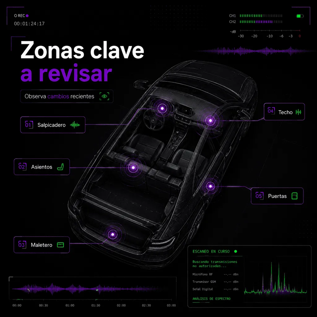 Infografía con interfaz de escaneo técnico de un vehículo