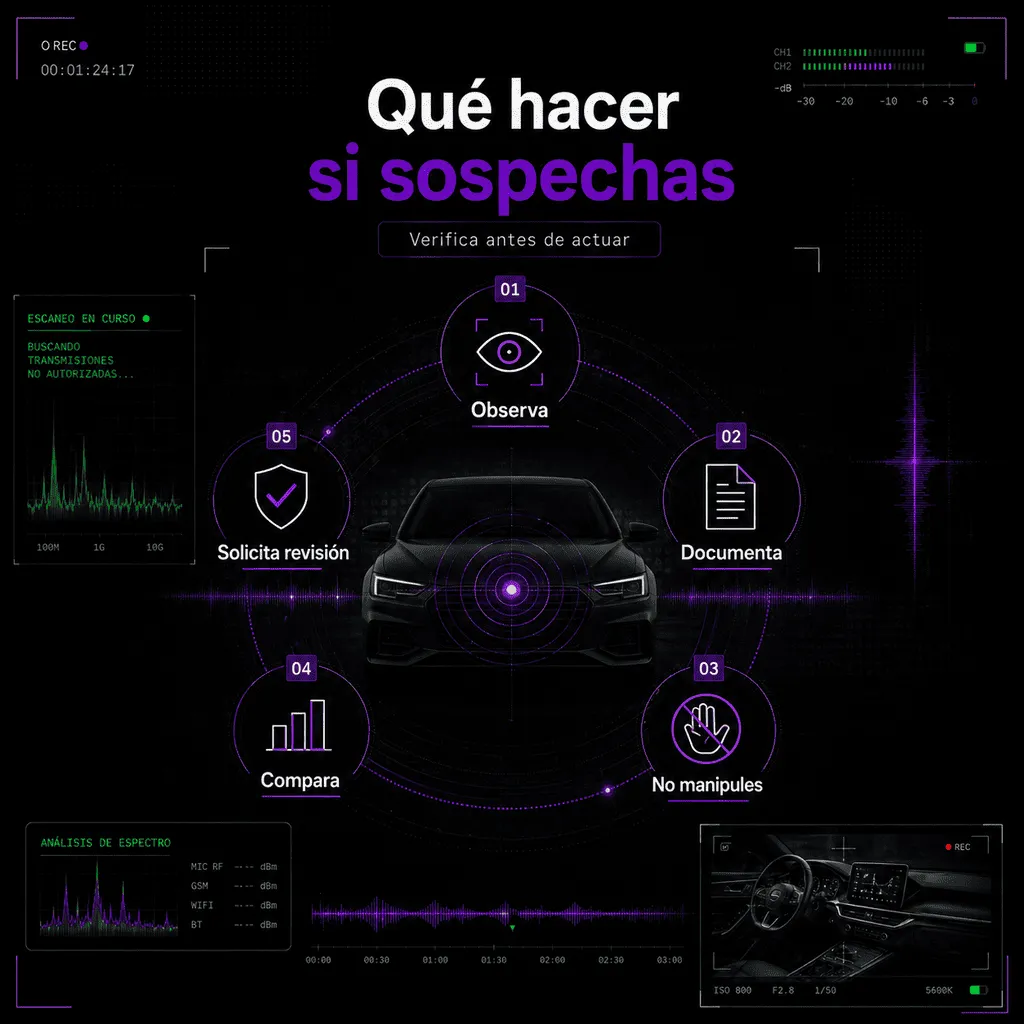 Infografía sobre qué hacer si sospechas de micrófonos ocultos en el coche