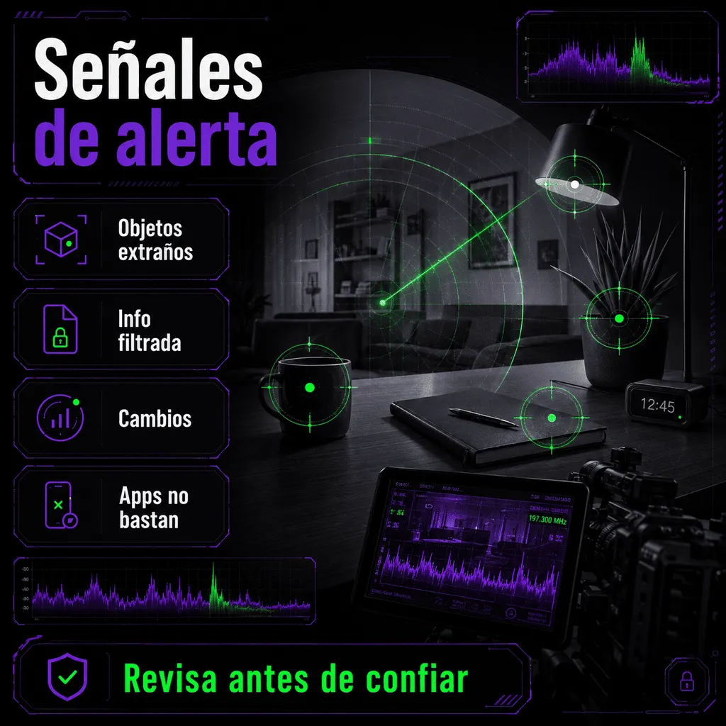 Infografía sobre señales de alerta en un espacio tecnológico ante posibles dispositivos ocultos