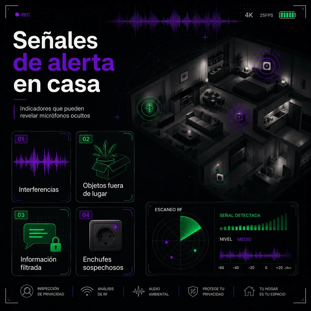 Infografía sobre signos de alerta en casa ante posibles micrófonos ocultos